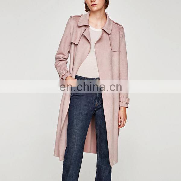OEM factory faux suede trench coat for women flowing lapel collar design trench coats