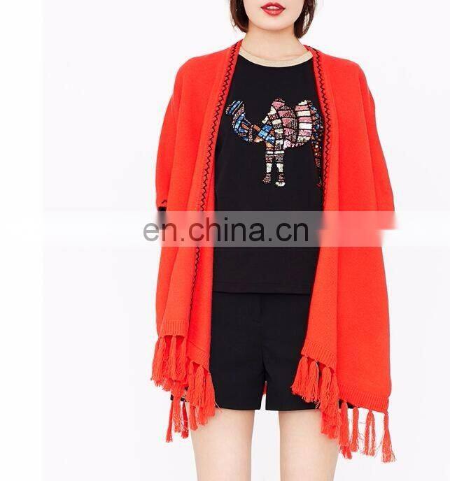 Red color New fashion computer knitted fringe poncho women