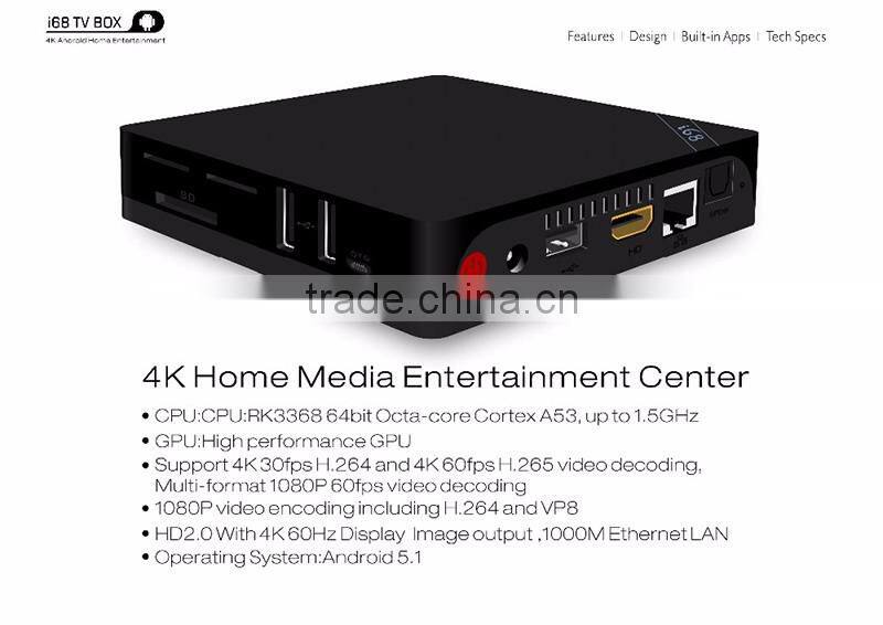 2016 New Cheapest RK3368 64Bit Octa Core 2GB RAM 16GB ROM OTT TV Box Android 5.1 OEM I68