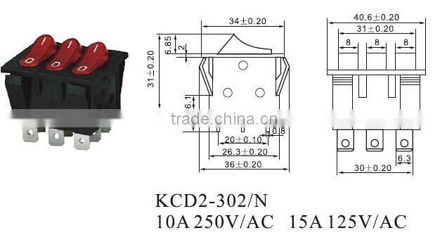 CNGAD 9pin 3 on-off button waterproof boat switch(mini rocker switch,10A 250V rocker switch )(KCD2-302/N)