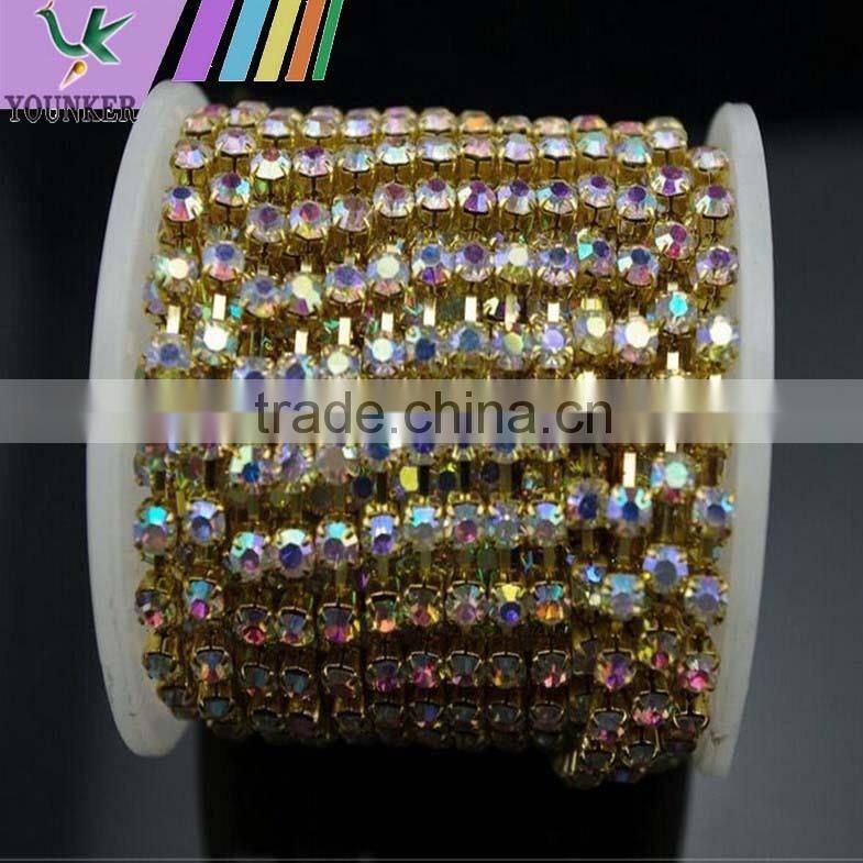 15 FEET1 Yard SS24 5mm AB Clear Crystal Gold Plated Rhinestone Chain Trims Cup Chain Wedding Garments Decoration YSCHC1032