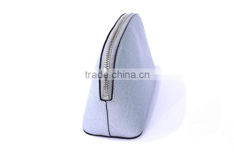 Kind workmanship Genuine leather silver makeup bag metal zipper closure