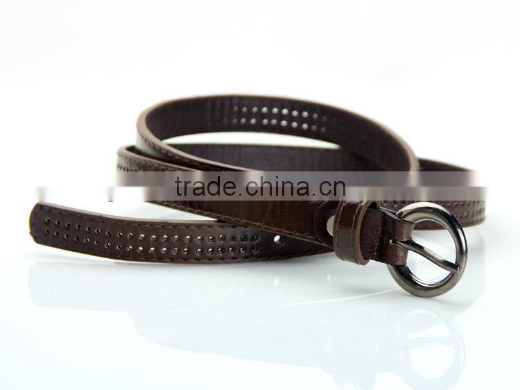 Beyond Women's 2.5cm Wide Perforated Real Leather Belt with Two Row Stitching and Oval Pin Buckle