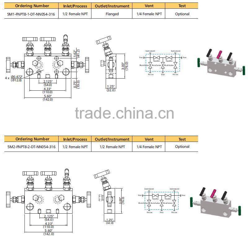 5 Valve Manifold 5-way Instrument Manifolds for Pressure Transmitters