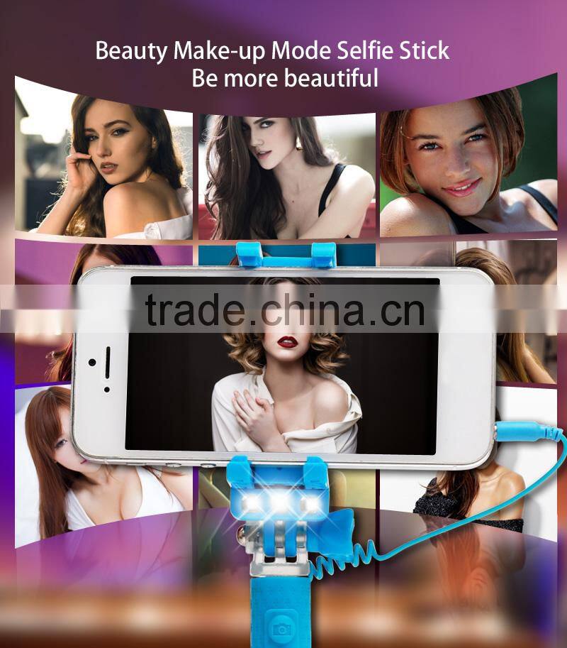 Smartphone mini selfie stick monopad cable take pole selfie stick with led flash fill in light
