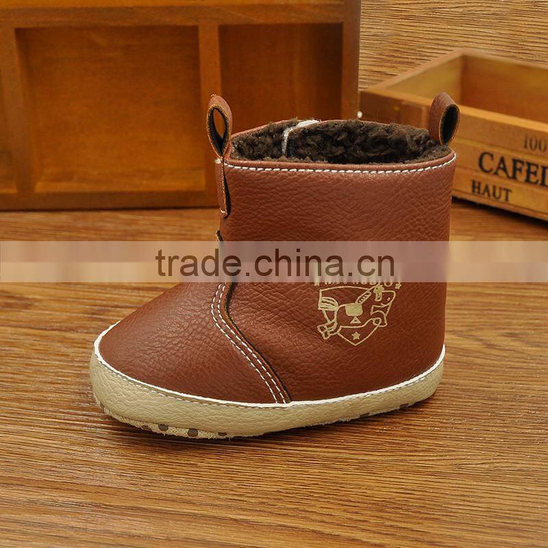 2016 Hot selling new design add plush warm baby winter leather boots shoes in bulk