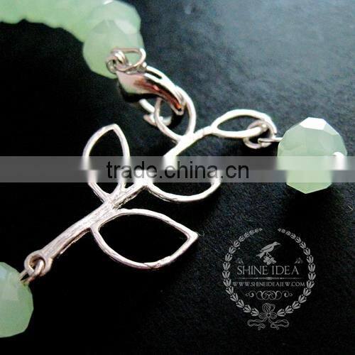 silver leaf branch charm summer ice green faceted glass beads fashion women wiring bangle bracelet 6490040