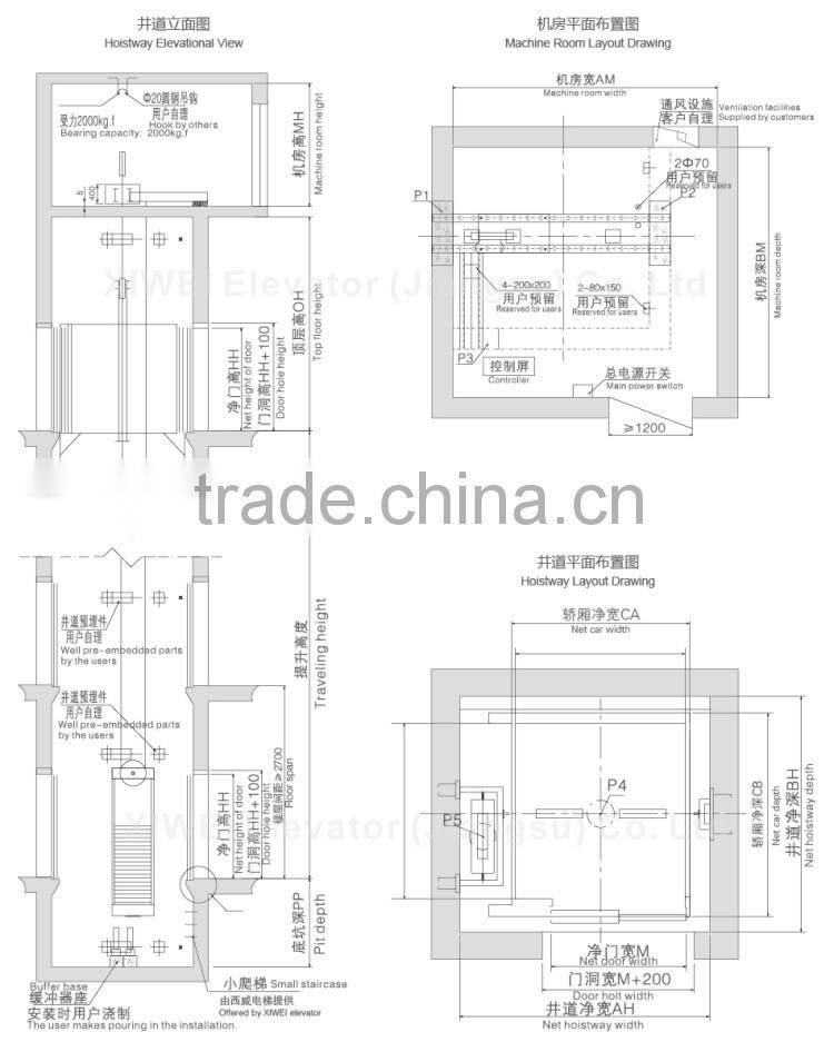 3000kg machine room car elevator with 0.5m/s