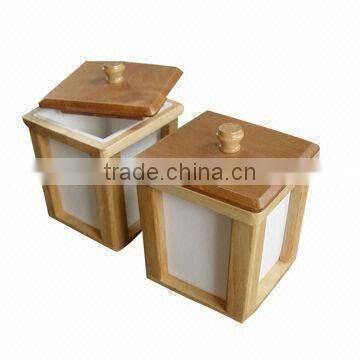 Canister---- made from Plastic container and wood frame and lip