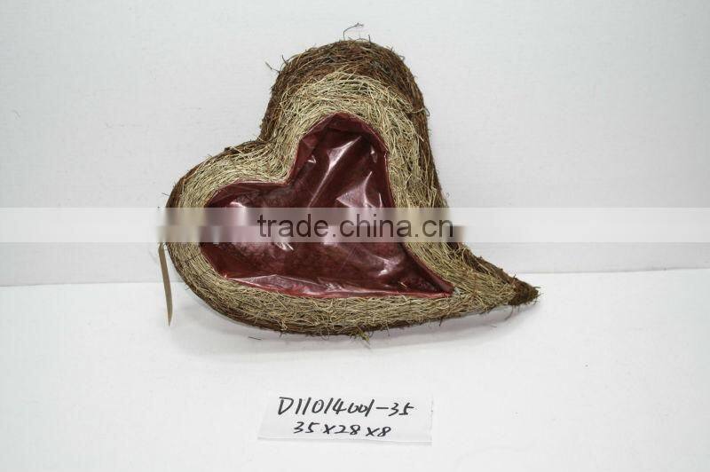 heart-shaped dark brown moss and sisal pot