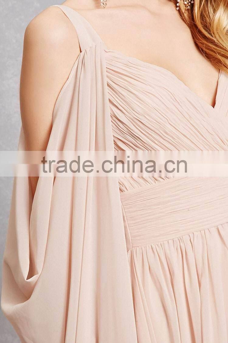 latest fashion design Blush V-cut neck and back Open-Shoulder Chiffon Gown