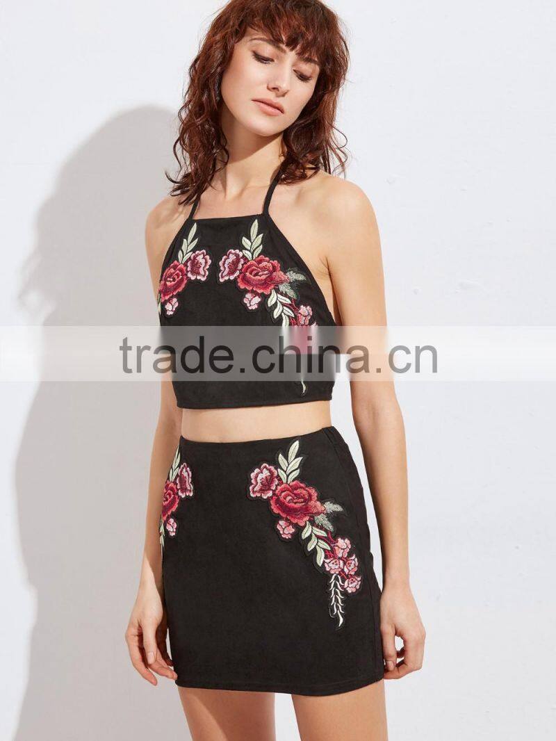 Two piece set women dress 2017 black embroidered rose applique suede halter top with skirt