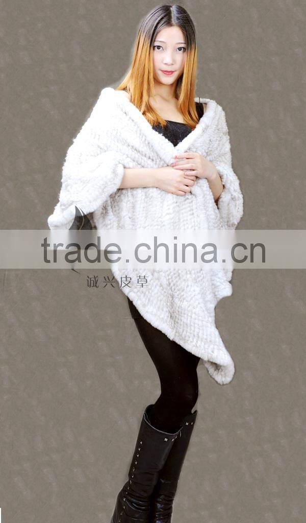 CX-B-28A 2016 Women Elegant White Cape Knitted Fashion Rabbit Fur Shawl