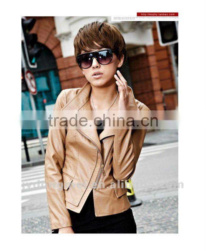 Inclined zipper PU casual jacket black and yellow
