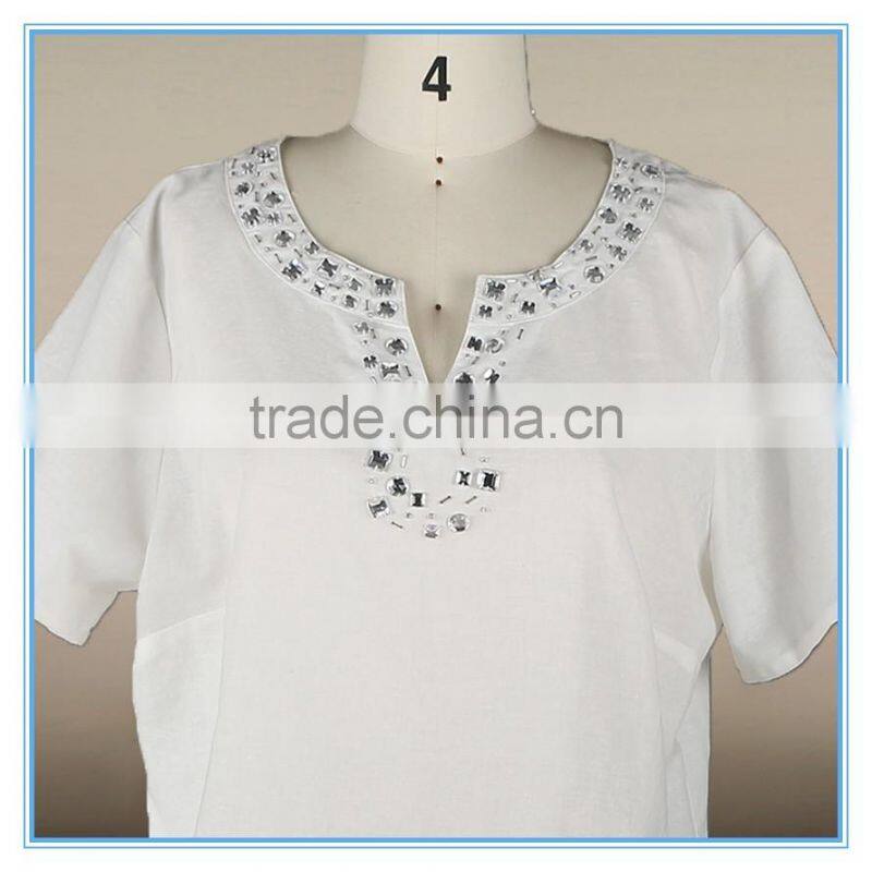 White Cotton Sarees Blouse Hand Designs Crystal Beaded Linen Blouse