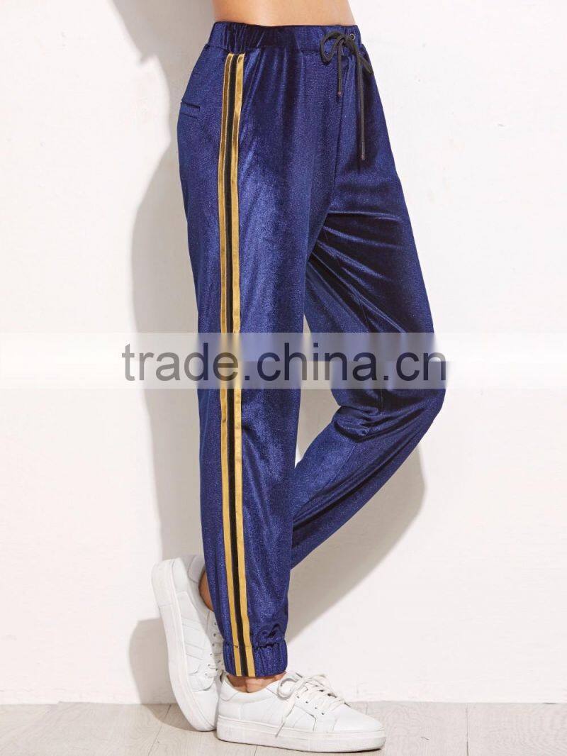 Navy Side Striped Drawstring Velvet Sweatpants 95% Polyester 5% Spandex Elastic Waist Loose Trousers