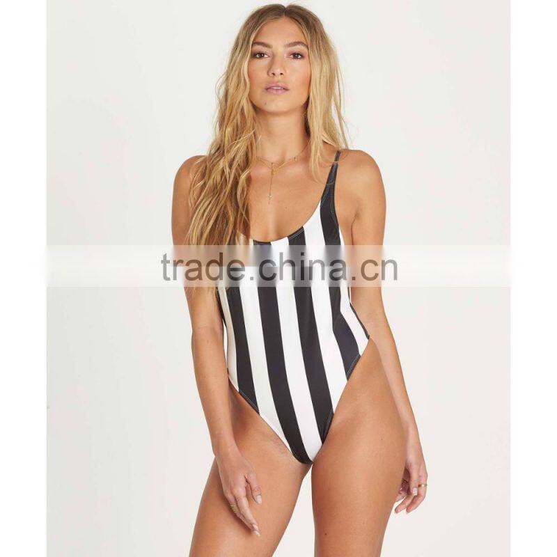 Customize Allover Nautical Stripe Print Swimsuit Scoop Front Neckline Low Back Cut Swimwear Polyamide Elastane Material Blend