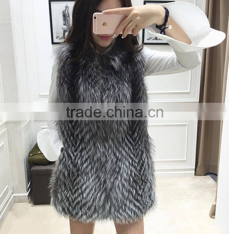 2016 New Arrival Genuine Natural twill Furs Gilet Real Silver Fox Fur Jacket Vest Women Furs Outerwear Waistcoat