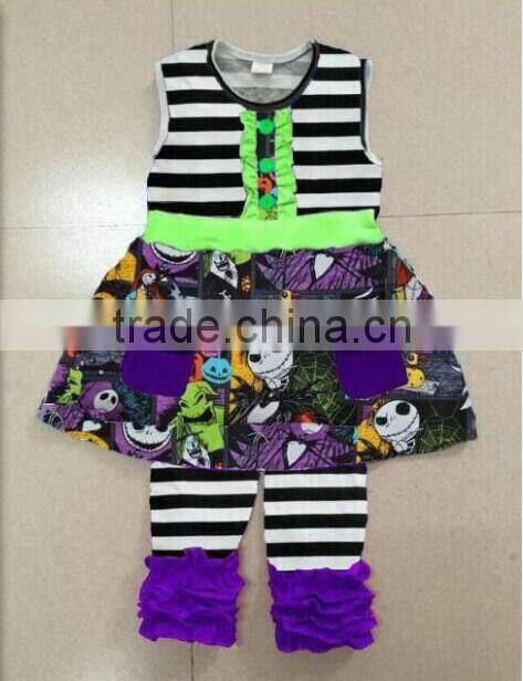 2017 High Quality 100% Cotton Baby Halloween Garment Infant Kids Girls Ghost Print Top&Black Stripe Pant two piece Sets