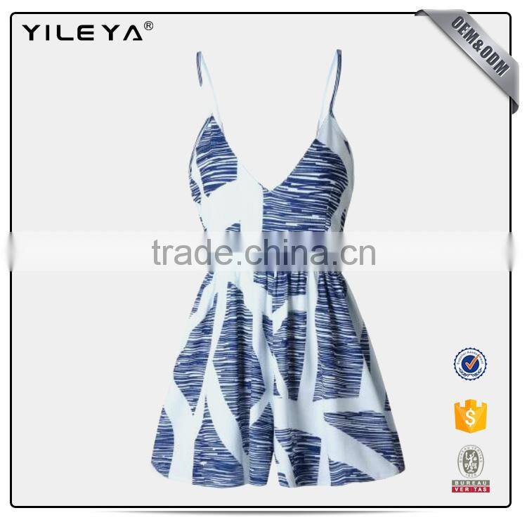 Fashion Design Pinstripe Spaghetti Strap V Neck jumpsuit Button Front Tie Waist Short Romper