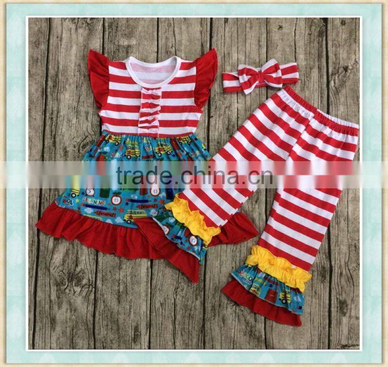 Yi wu New arrival embroidery clothing 2017 wholesale girl boutique outfit new arrival back to school sets photo design