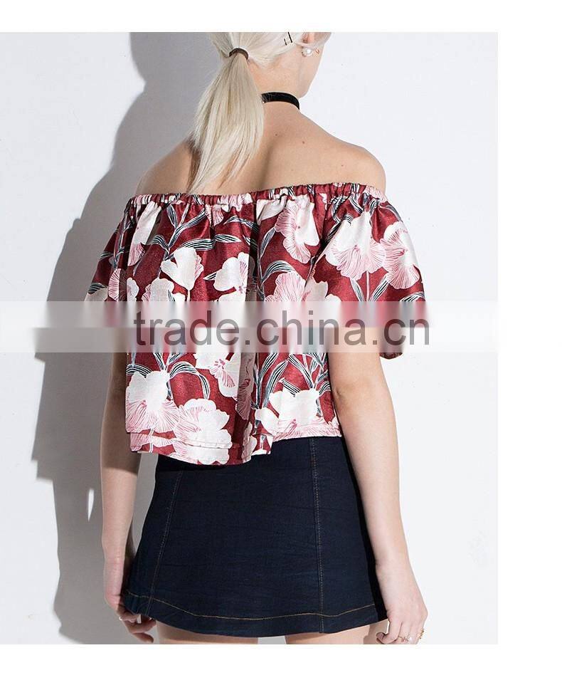 2016 ladies floral printing cross-collar boat neck strapless vintage shirt/blouse