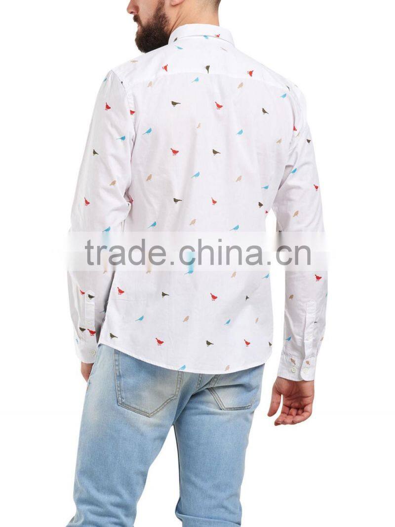 Men's Long Sleeve Birds Pattern Cotton Shirt