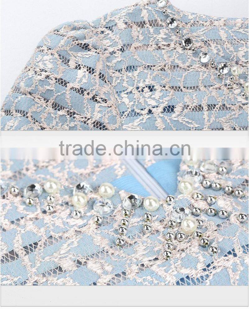 Ladies light blue diamante lace hollowed-out sexy V-neck tight dress