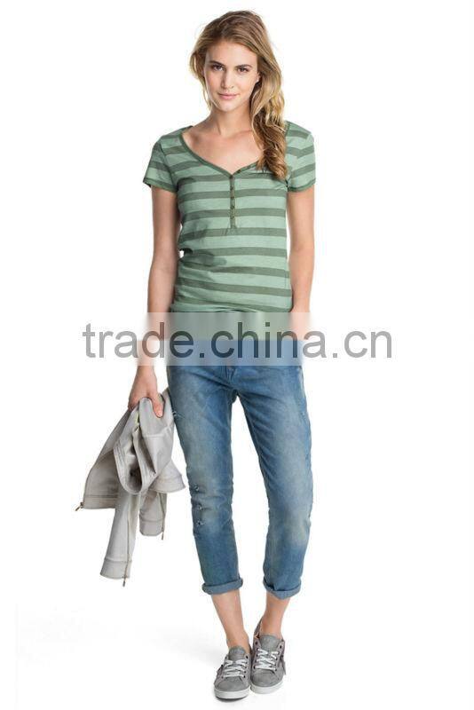 high quality custom wide neck breezy textured all-over stripe combed cotton t shirt