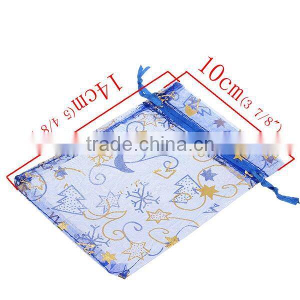 Organza Jewelry Bags Drawstring Rectangle Deep Blue Christmas Tree Snowflake Pattern 14cm x10cm