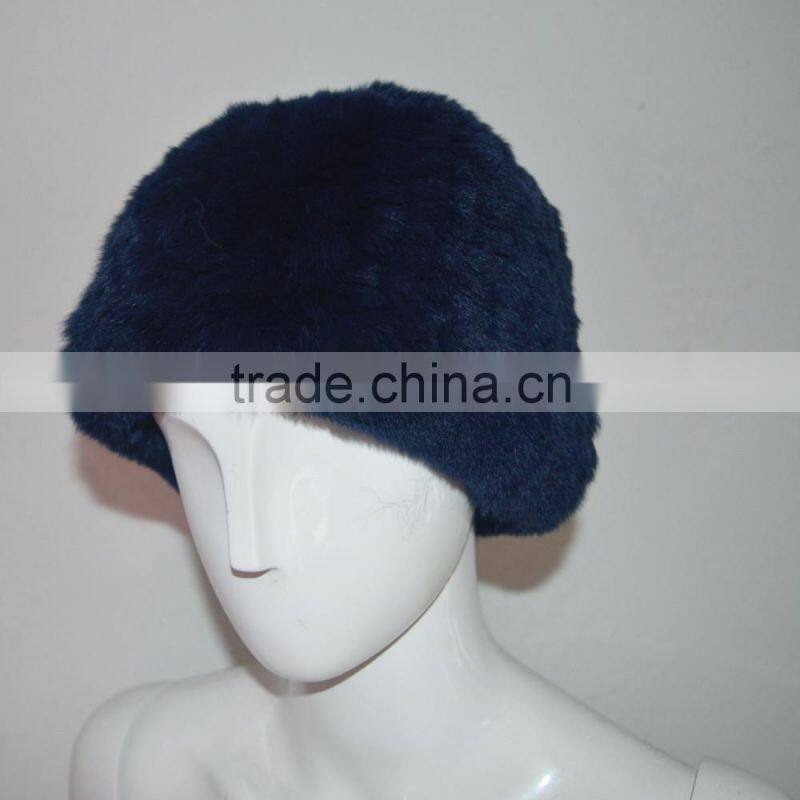 SJ607-02 Dark Blue High Quality Elastic Rex Rabbit Knitting Winter Hats with Fur