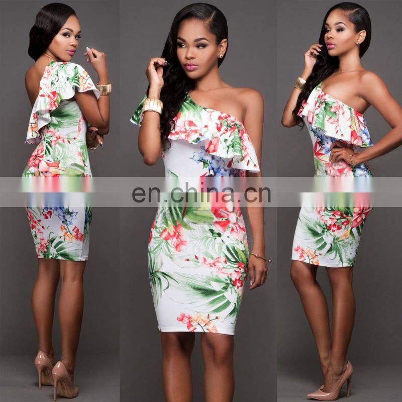 Europe And America Printing Sexy Fashion Single Shoulder One-Piece Dress