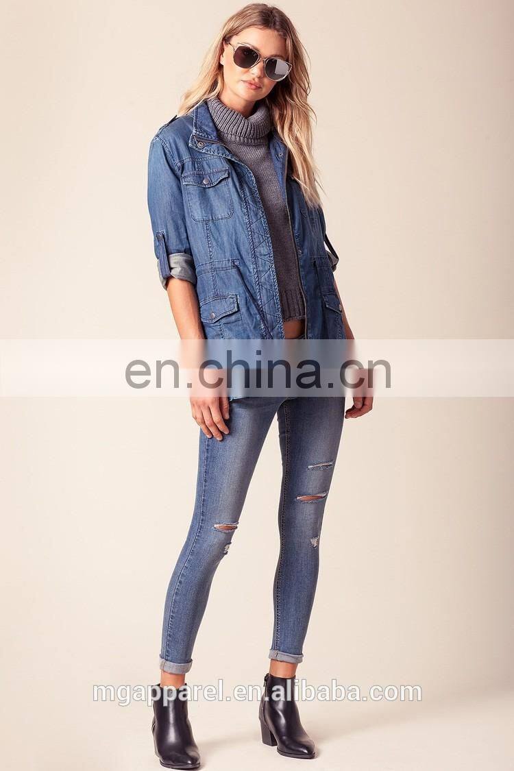 Custom jean jacket wholesale medium-wash roll sleeves woman denim jacket