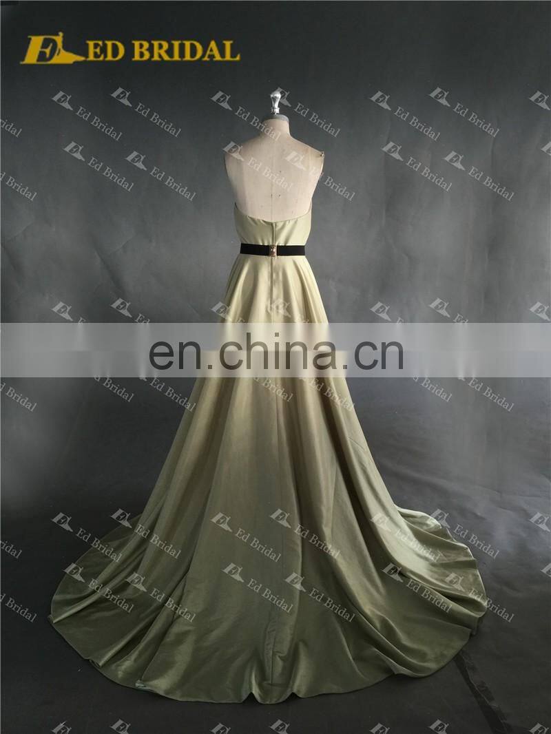 LN146 Real sample 2016 fashion golden belt unique neckline olive green taffeta wholesale maxi evening dress