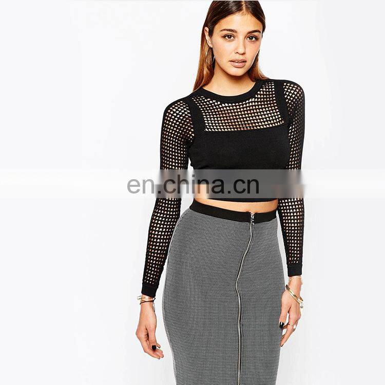Black mesh long sleeve plain crop tops wholesale