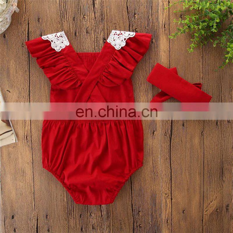 Baby Girl Red Romper Kids Lace flower Summer bodysuit
