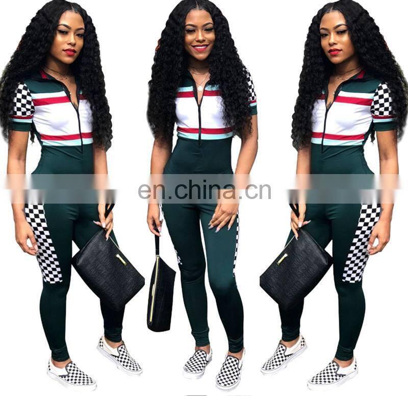 Summer Sexy V Neck Jumpsuits Plaid High Waist Rompers Front Zipper Womens Jumpsuit Bodycon Overalls Short Sleeve Playsuit