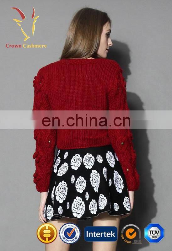 Fashion red chunky sweater women cable knit pullover sweater for ladies