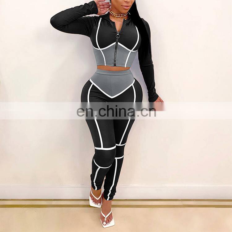 2020 Fall Fashion Woman Clothes Round Neck Crop Top High Waist Pants Two Piece Set