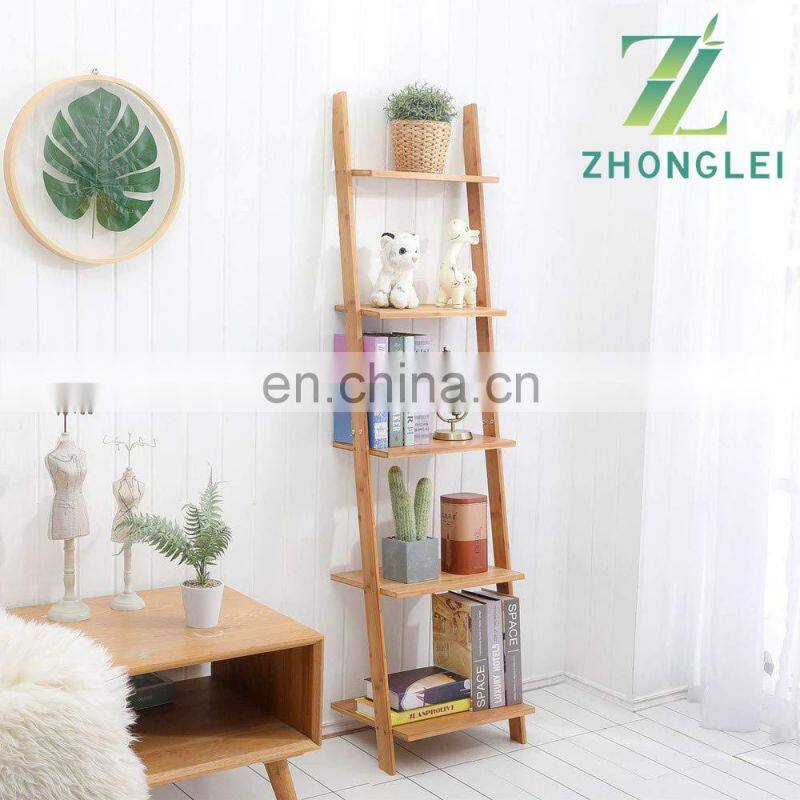 Bamboo Ladder Shelf 5-Tier Wall-Leaning Bookshelf Ladder Bookcase Storage Display Shelves for Living Room Kitchen Office