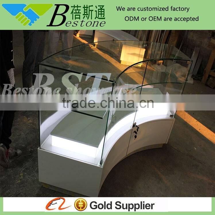 Store interior design wooden cosmetic showcase, MDF curved cosmetic display counter