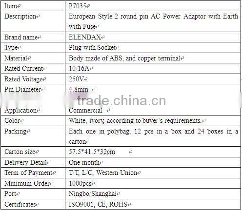 European Style 2 round pin AC Power Adaptor with Earth with Fuse (P7035)
