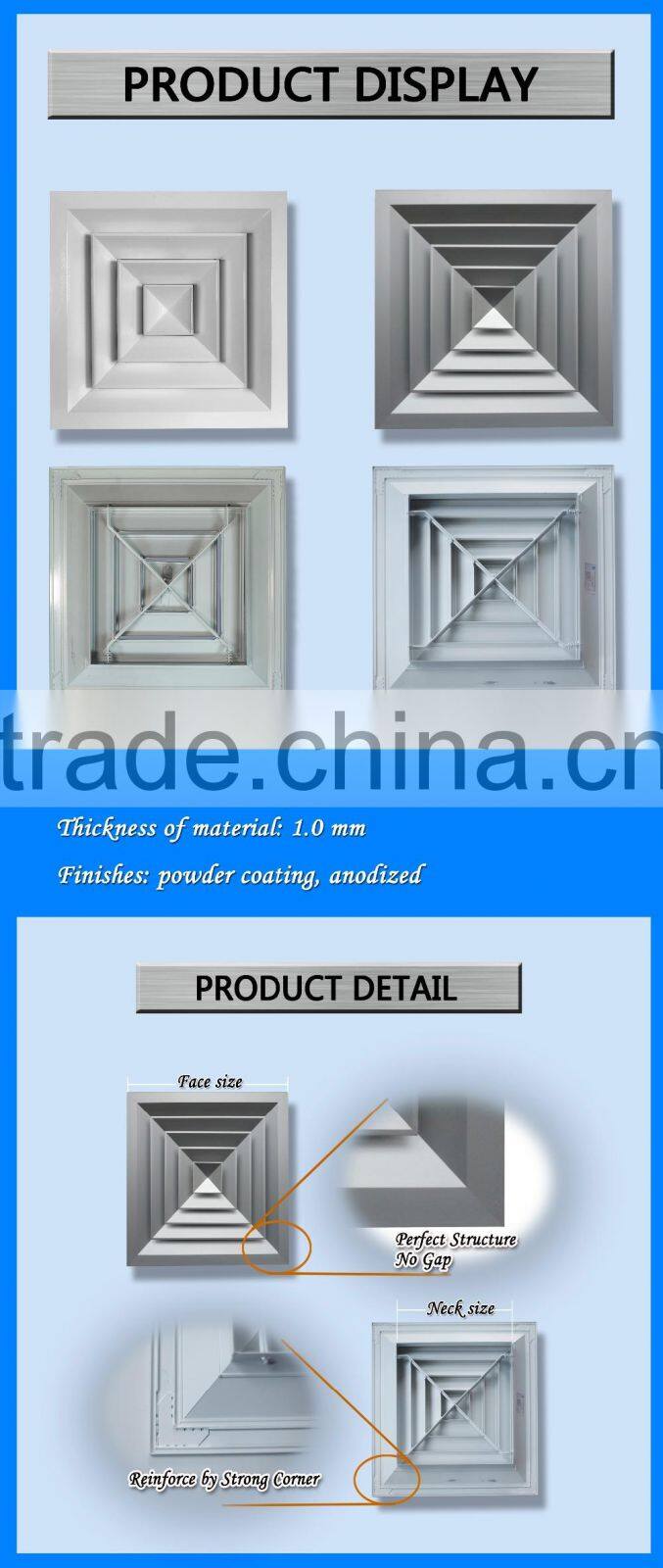HVAC aluminium square ceiling 4 way air diffuser