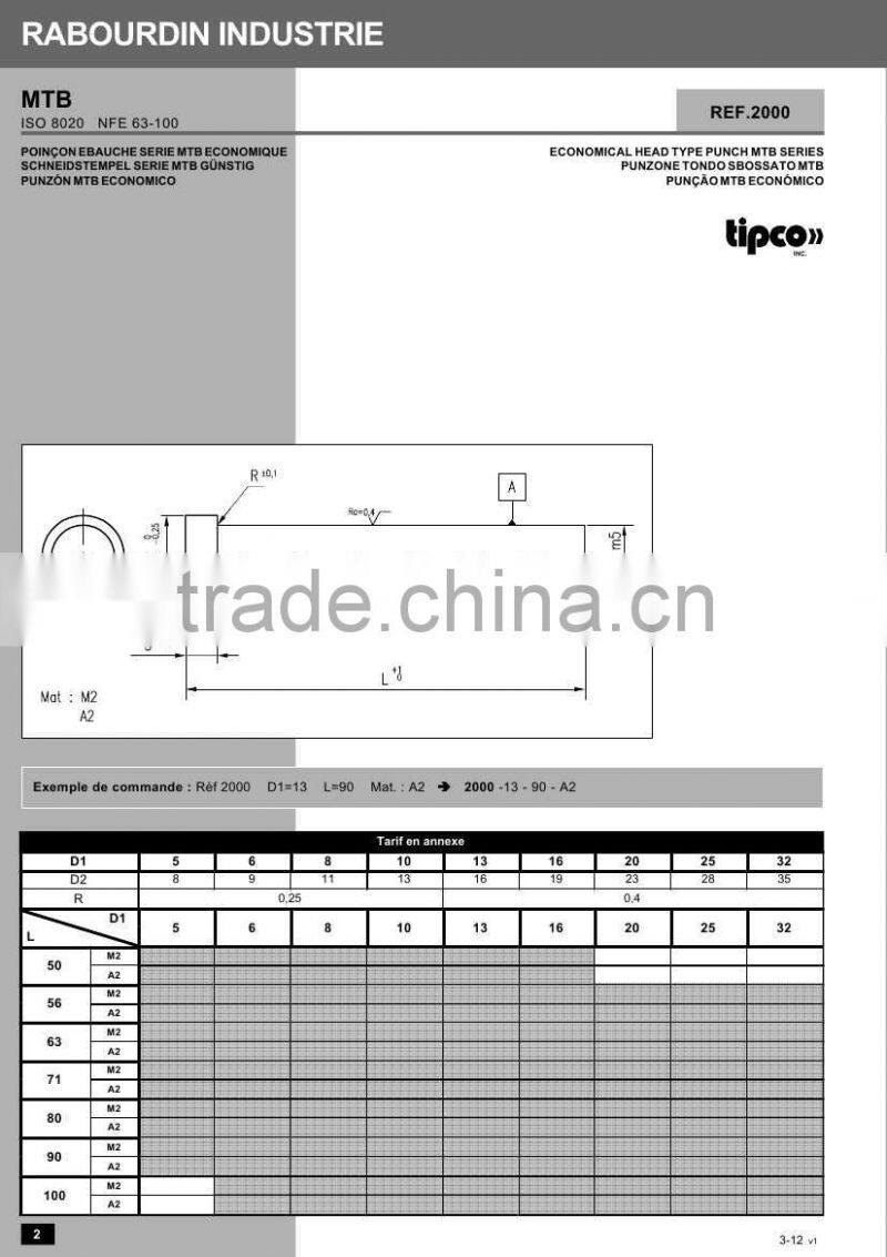 Rabourdin MEB standard ISO 8020 head type ejector punch