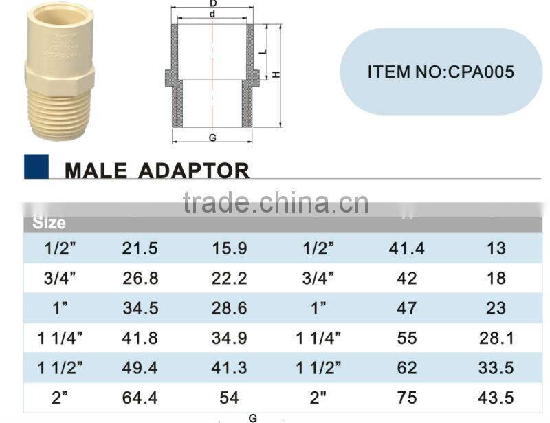 ASTM D2846 Hot Water ERA CPVC Pipe Male Adaptor