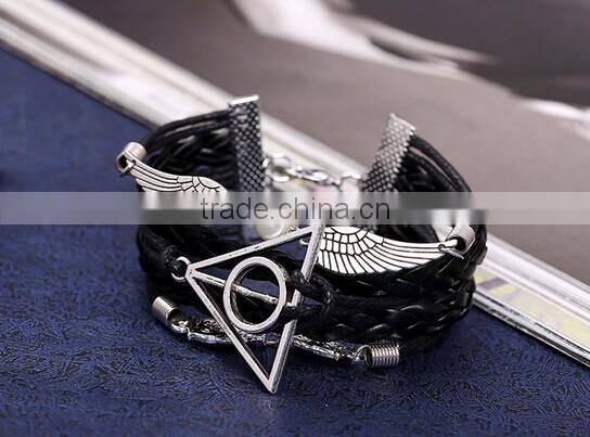 New Fashion owl deathly hallows angel wing leather bracelet DIY