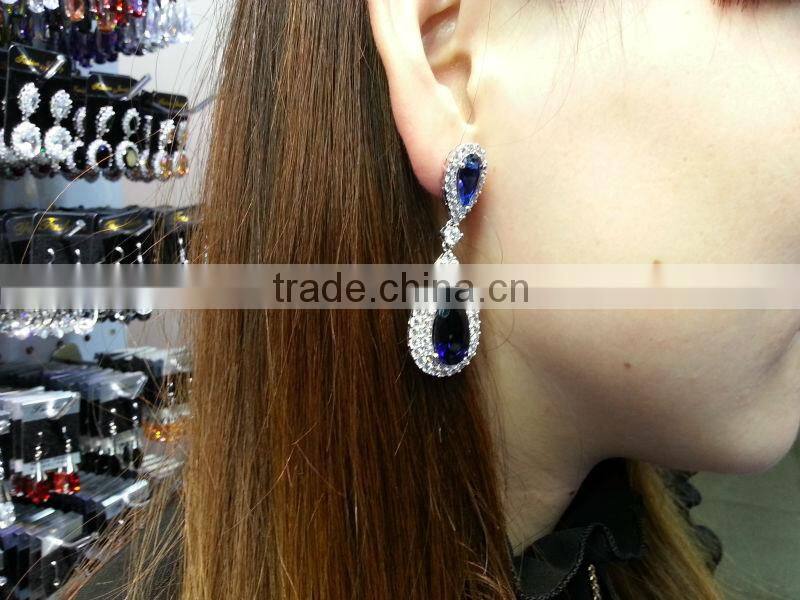 Pear-Shaped Drop sapphire Bridal Earrings with Pave CZ