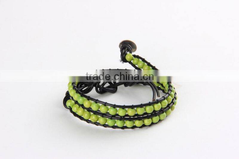 6mm natural green turquoise stone bracelet, genuine stone bracelet, handmade woven leather bracelet