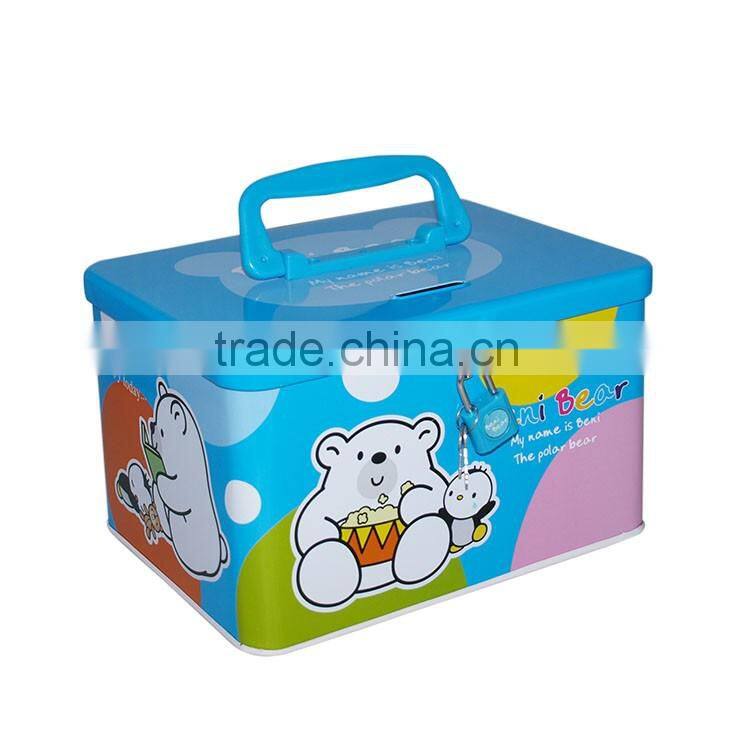 Handle Tin Cartoon Kids Coin Bank with Lock