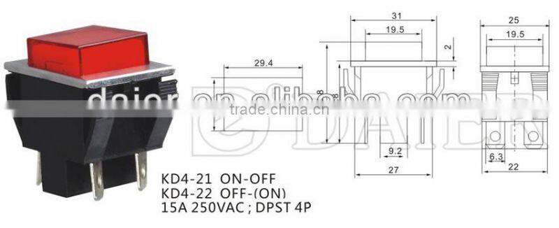 KD4-21 ON-OFF 15A 250VAC DPST 4P push button switch